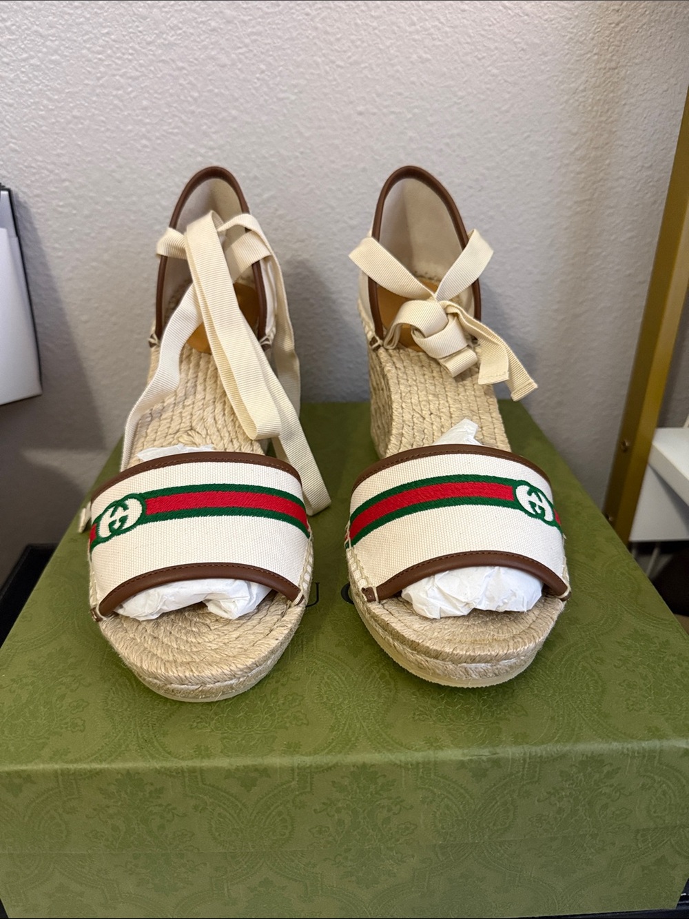 Gucci Cream Espadrille Wedge Sandals with Green & Red Web Stripe